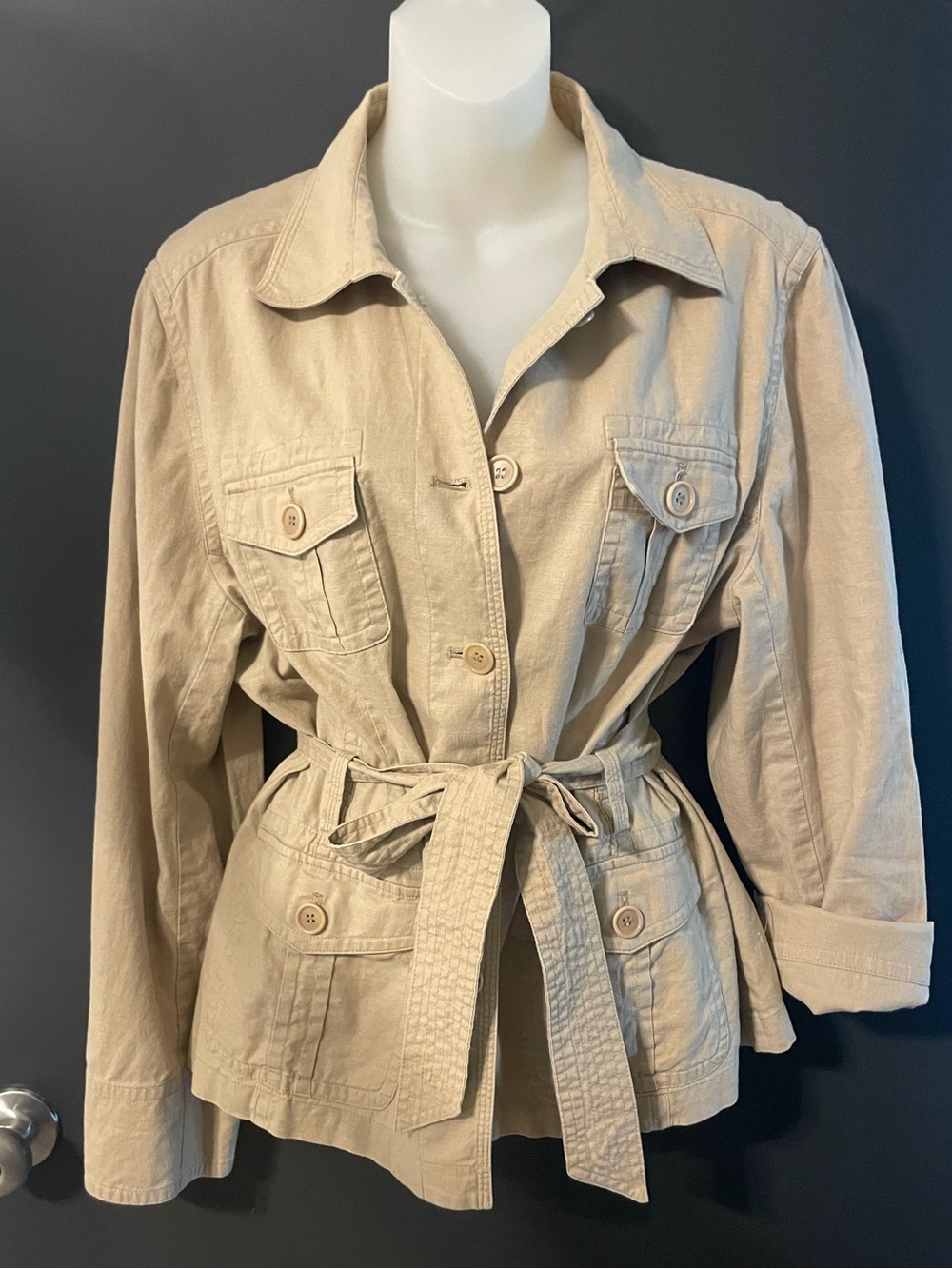 Jones New York Sport Linen Blend Safari Utility Jacket Belted Tan XL - Picture 2 of 9